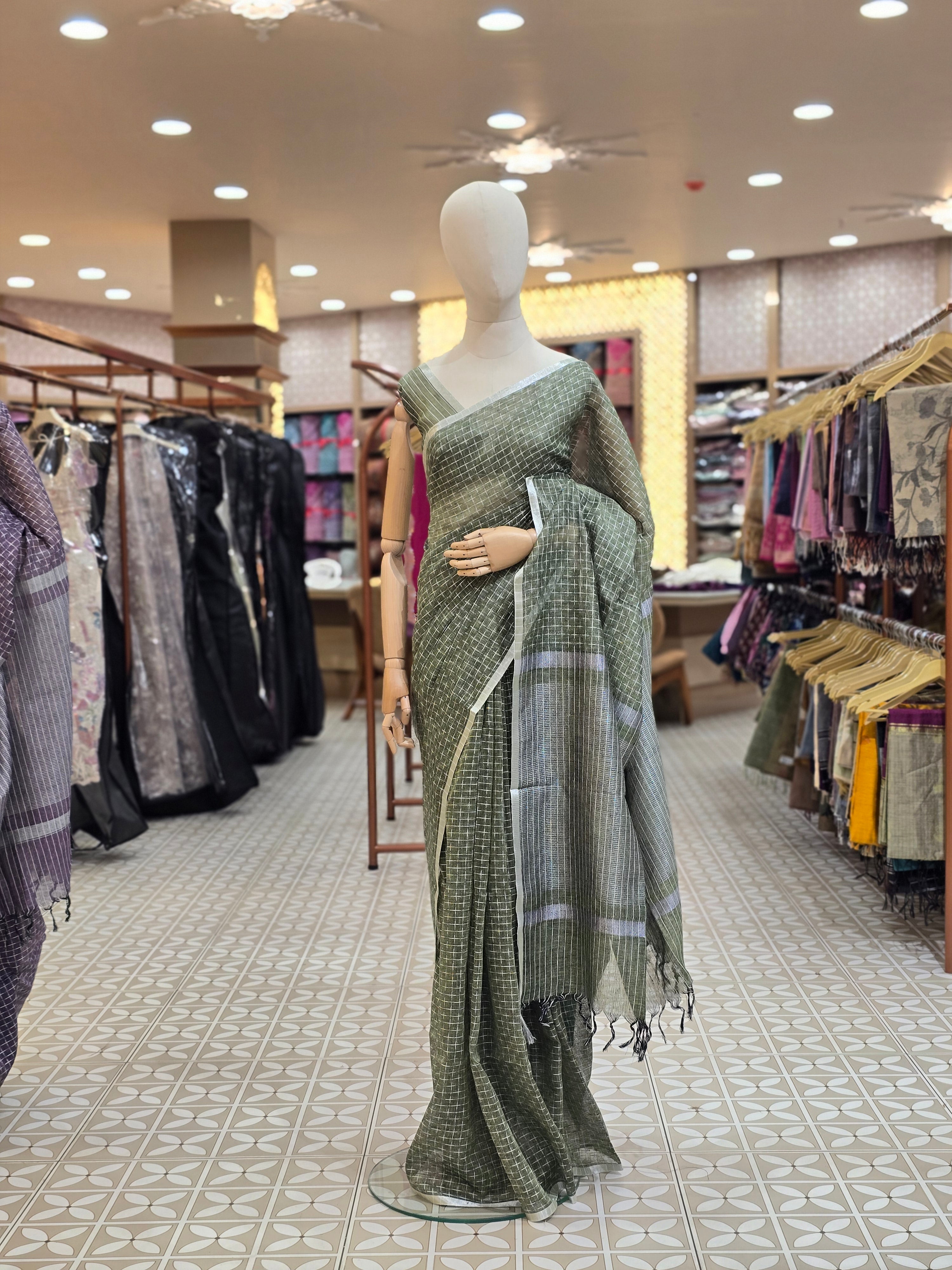 Linen Saree - light green shade Search code 2354