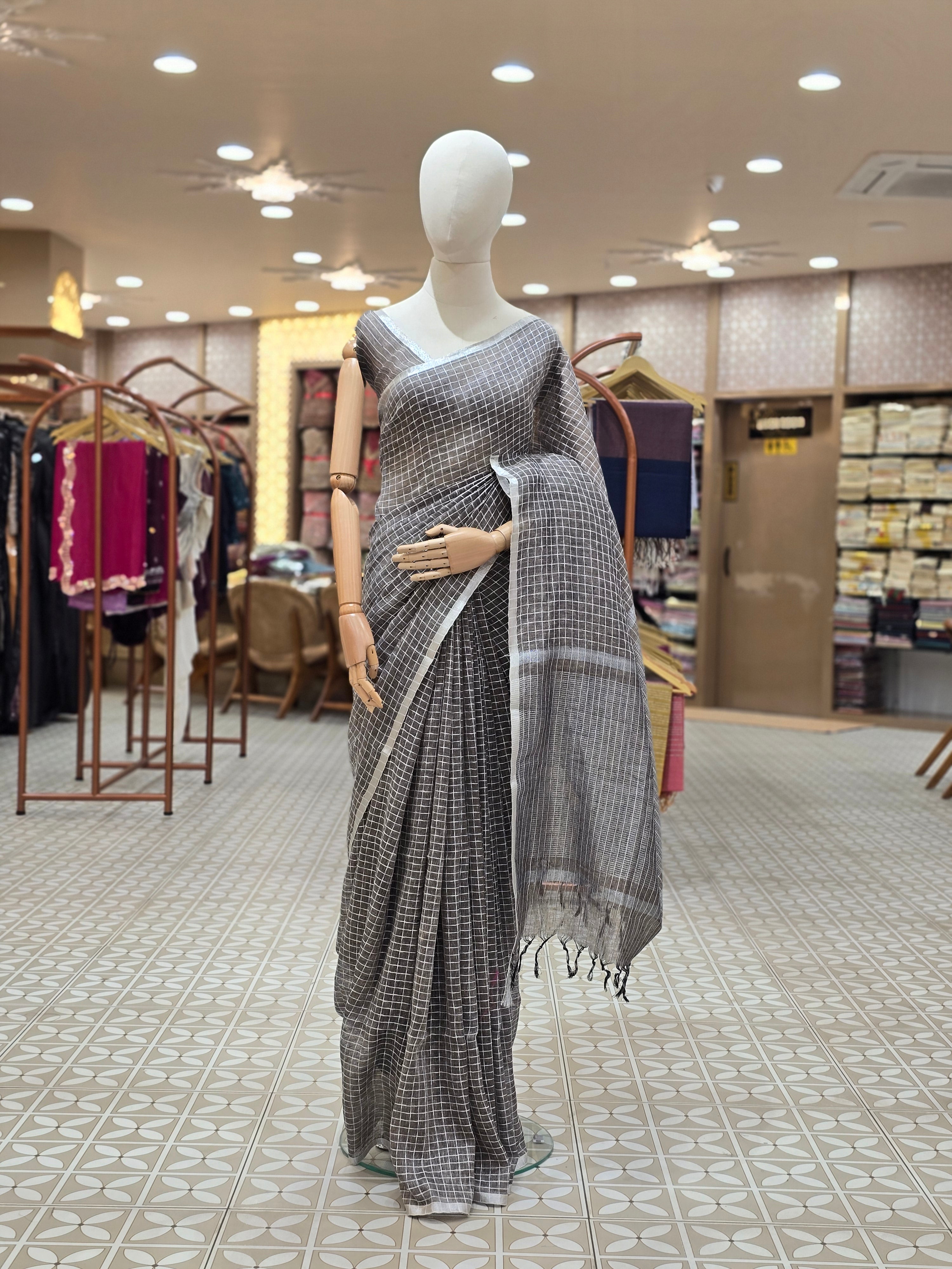 Linen  Saree - light ash shade Search code 2351