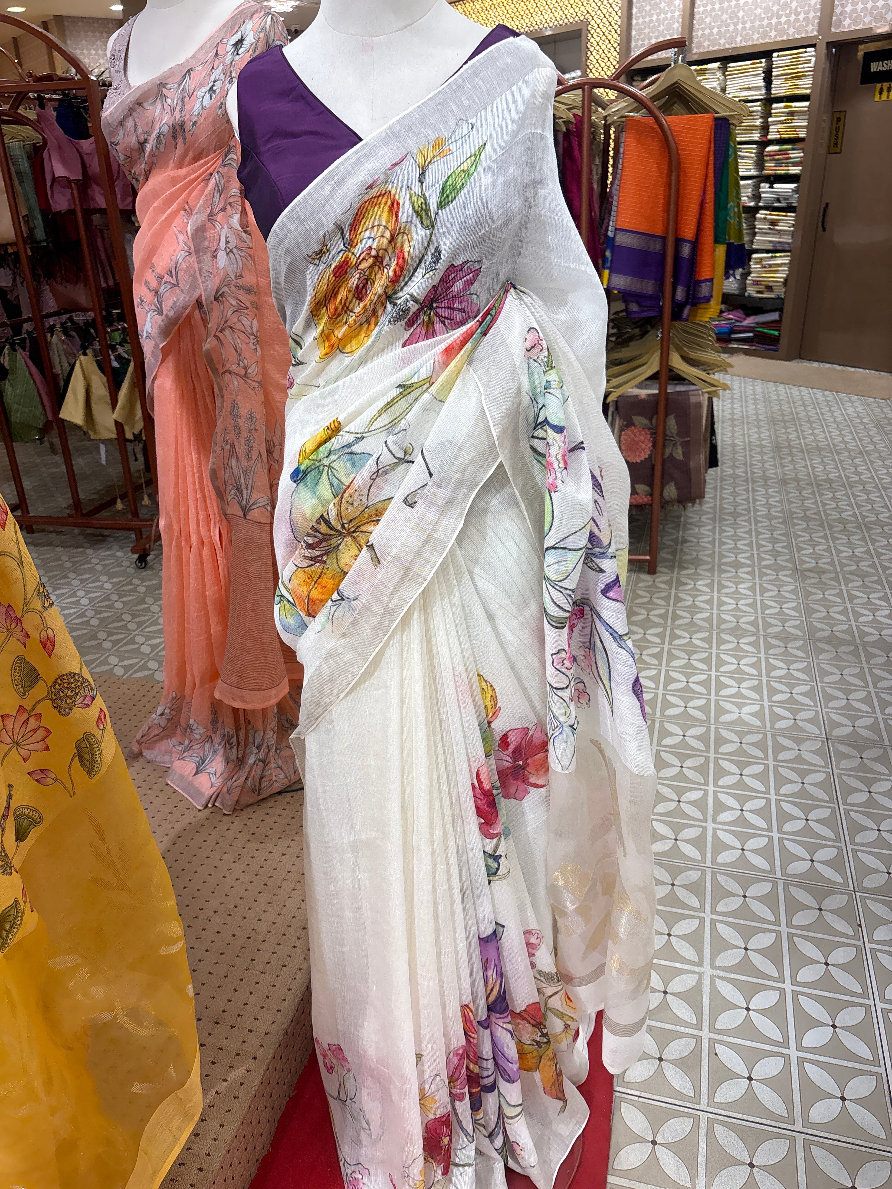 PURE LINEN SAREE -white color Search code 5200