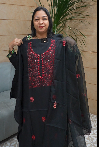 UNSTITCHED SALWAR  SUIT SET  BLACK  RED  shade Search code 5559