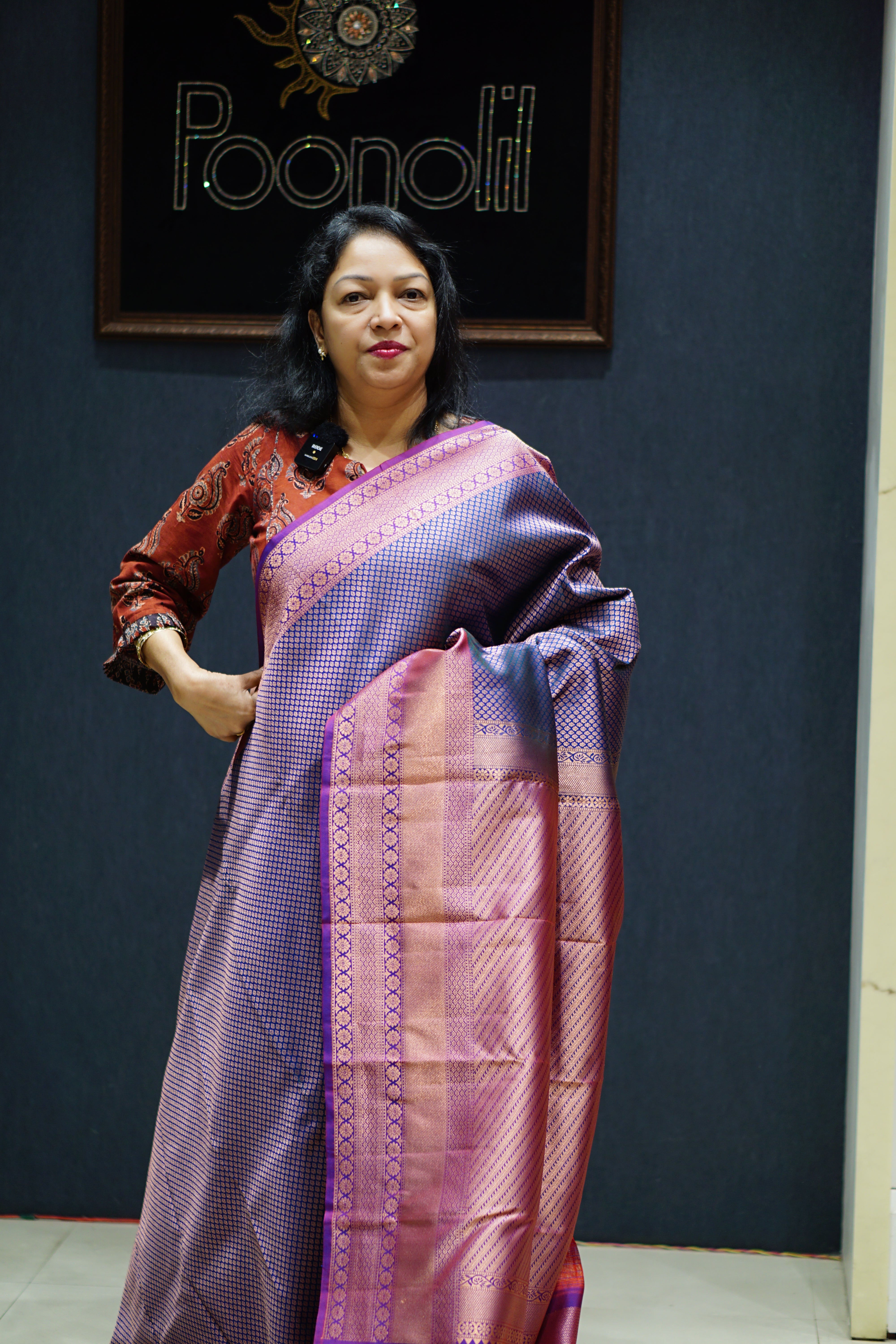 Banarasi Katan Silk Saree in Peacock Blue & Pink with Damask Motifs |