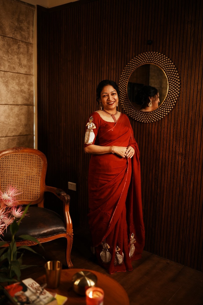 Organza Saree- Red shade Search code 6099