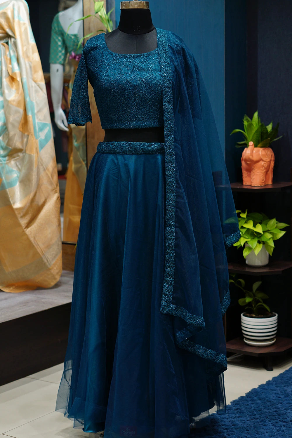 Peacock Blue Thread Embroidery Work Lehenga Choli For Wedding