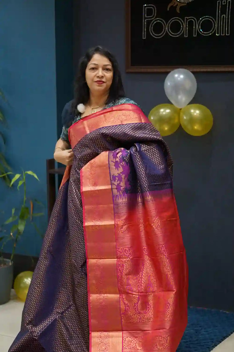 KANCHIPURAM SAREE-Navy blue and ranni color color Search code 8508 ...