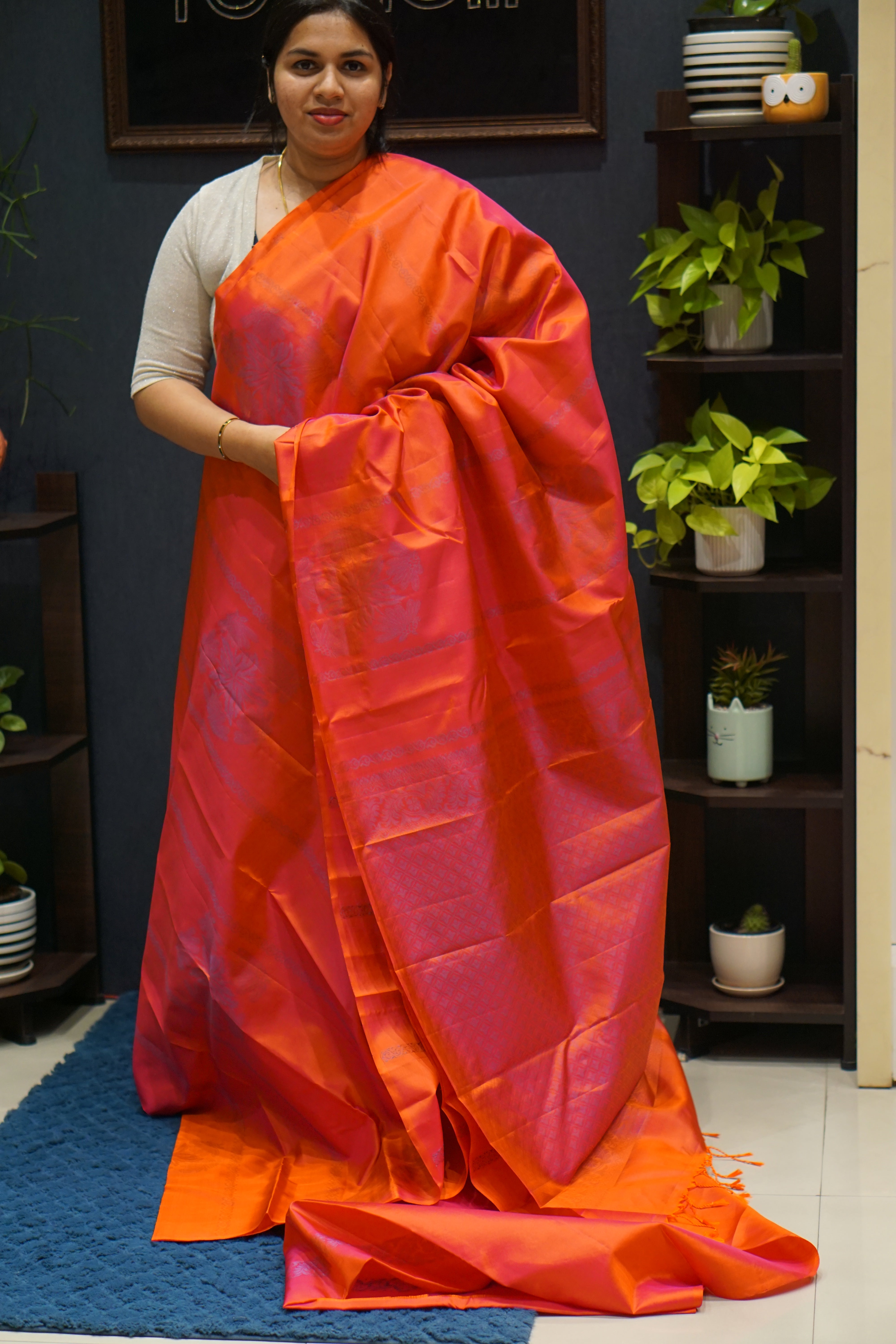 KANCHIPURAM SAREECarott peach shade Search code 6877 Poonolil Silks