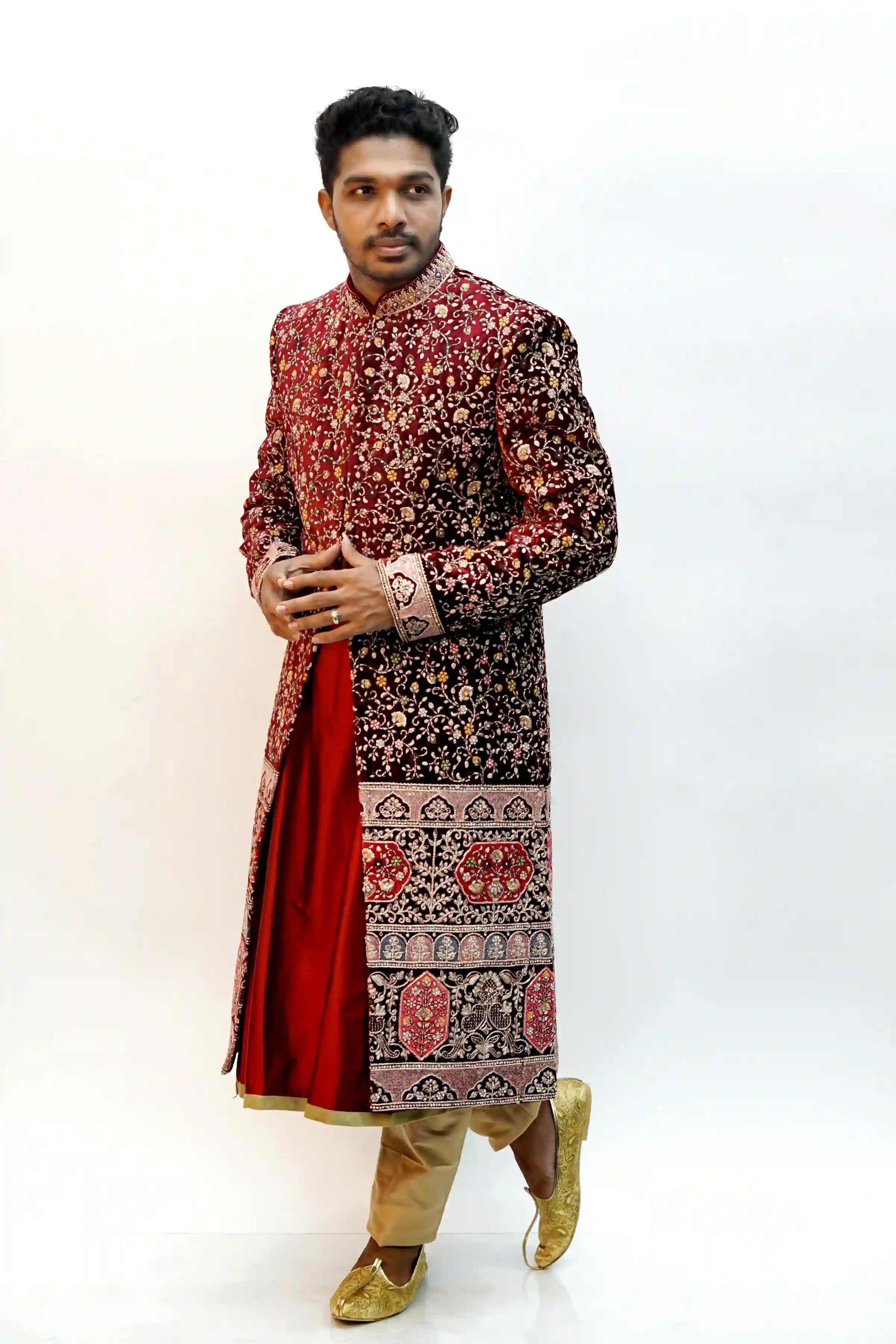 SHARVANI - MARRON COLOUR, SELF DESIGNED,THREAD WORK, VELVET MATERIAL