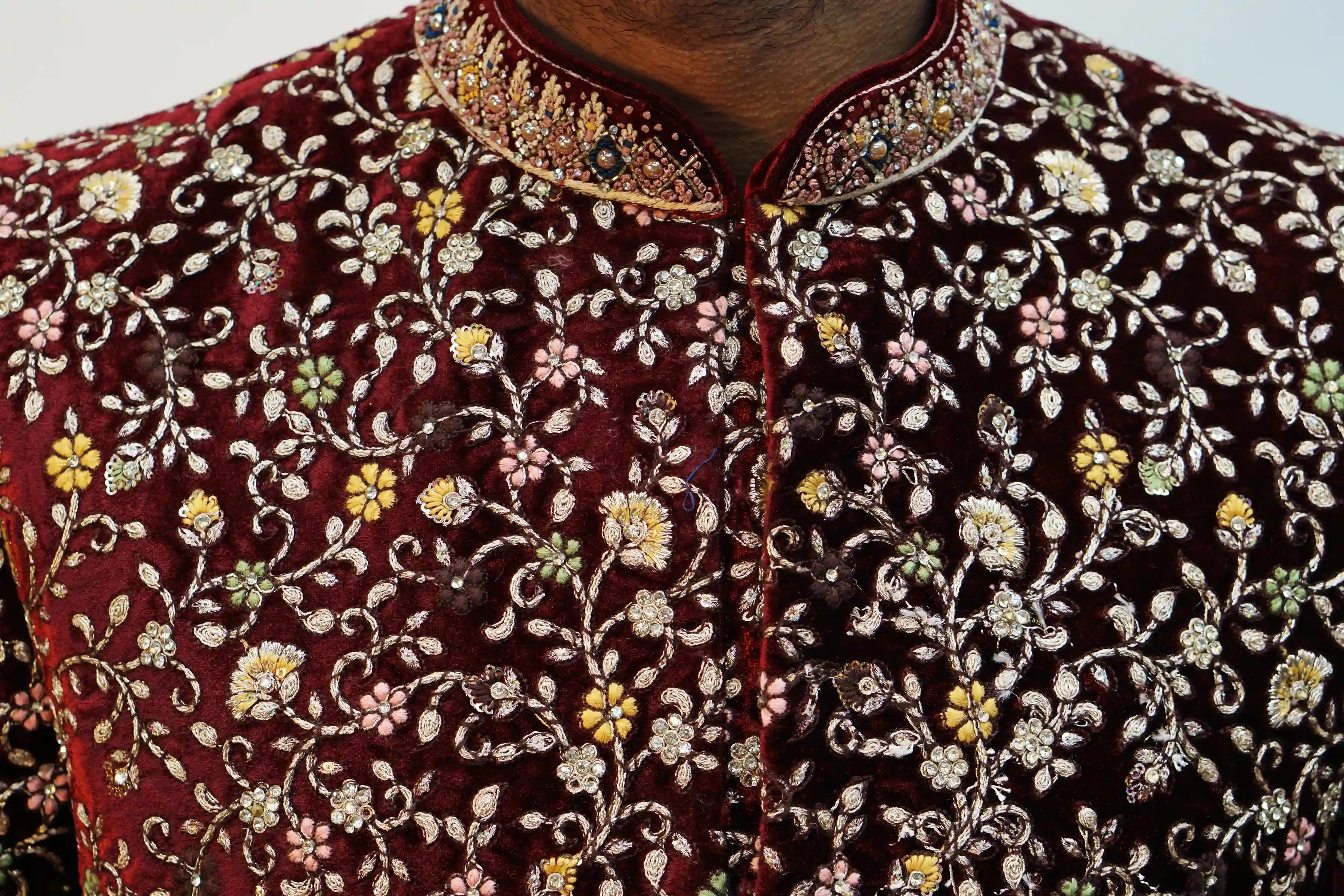 SHARVANI - MARRON COLOUR, SELF DESIGNED,THREAD WORK, VELVET MATERIAL