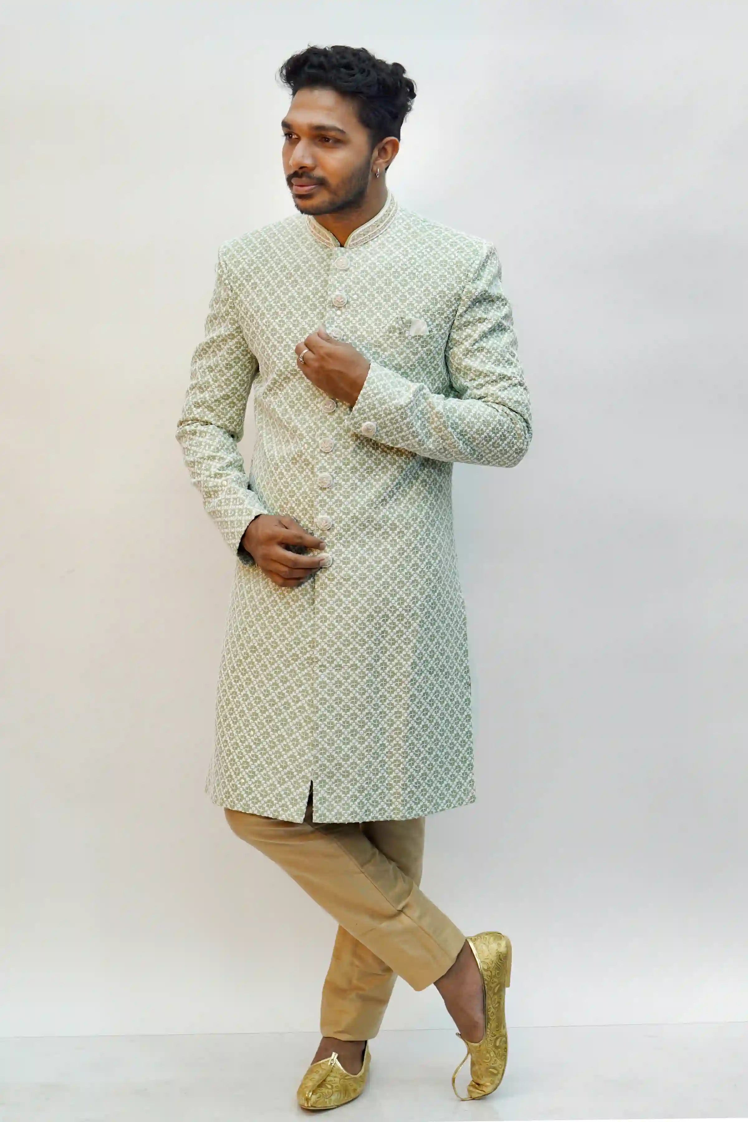 SHARVANI - GREEN COLOUR, SELF DESIGNED,THREAD WORK, COTTON MATERIAL