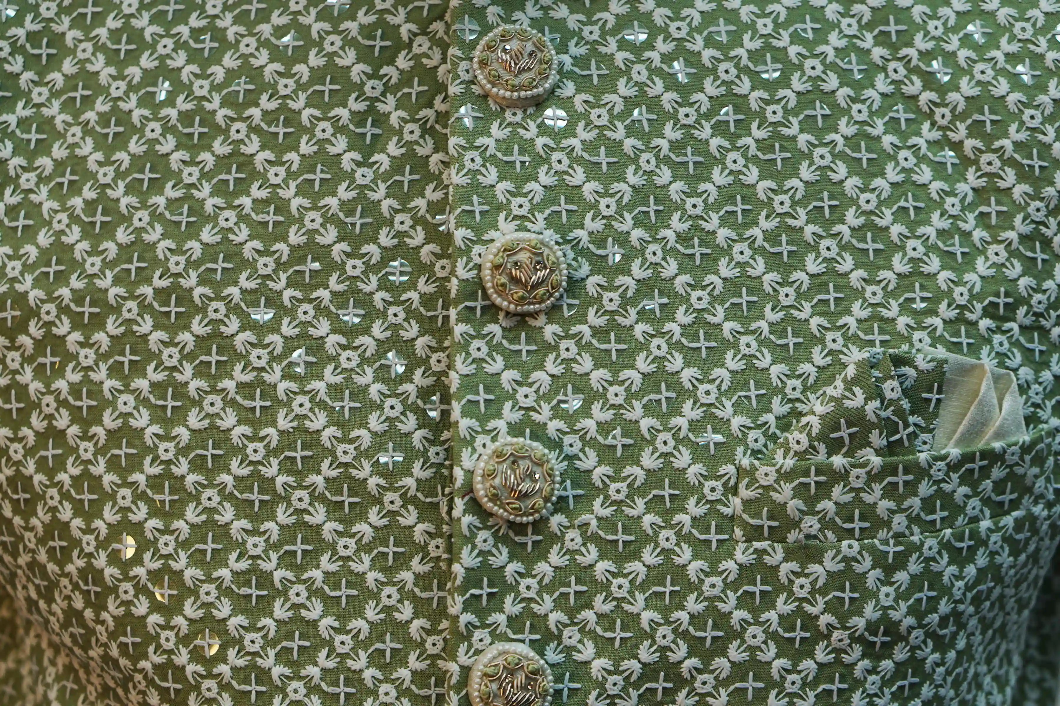 SHARVANI - GREEN COLOUR, SELF DESIGNED,THREAD WORK, COTTON MATERIAL