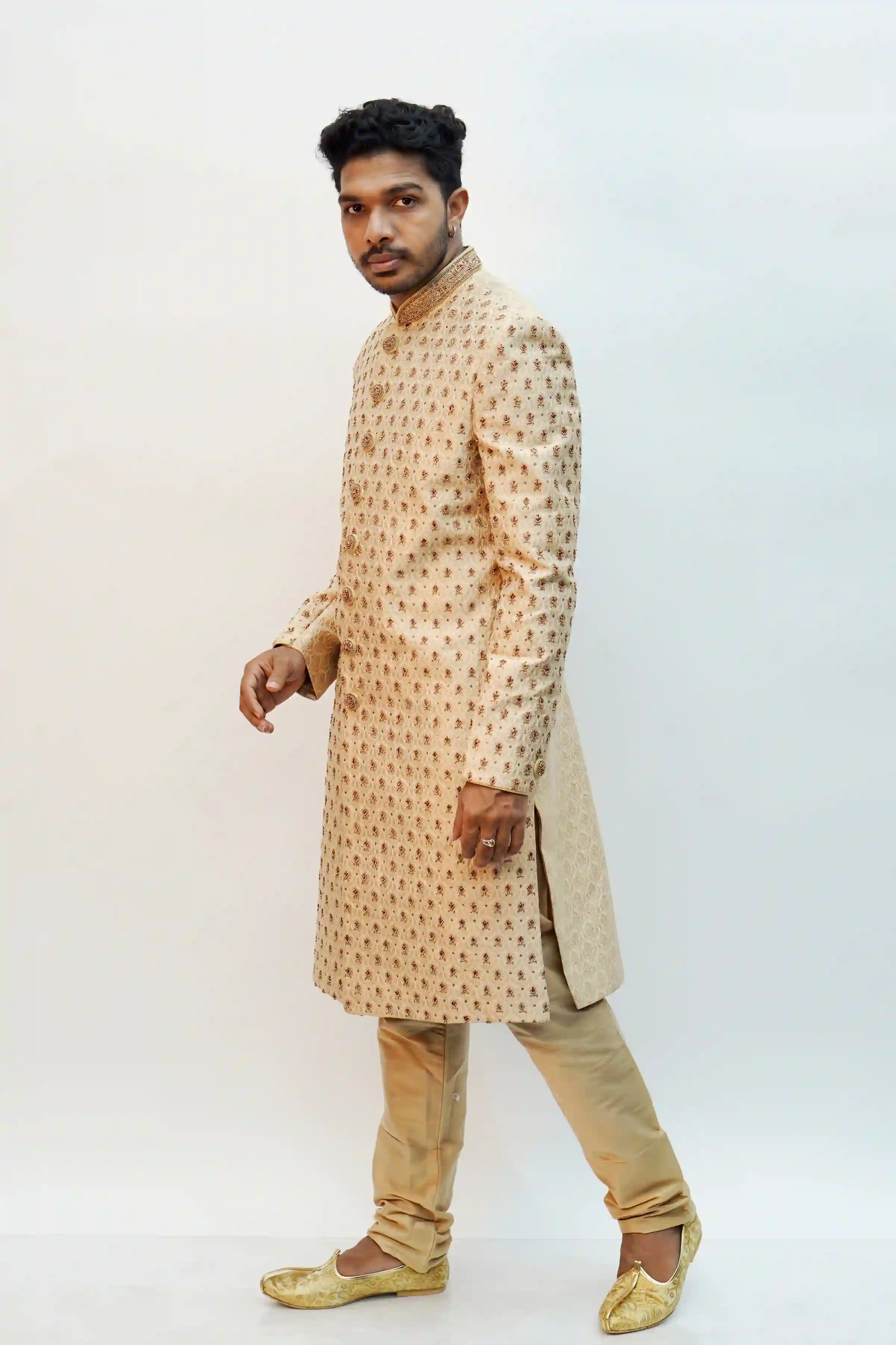 SHARVANI - GOLDEN COLOUR, SELF DESIGNED,THREAD WORK, BROCADE , SILK MATERIAL