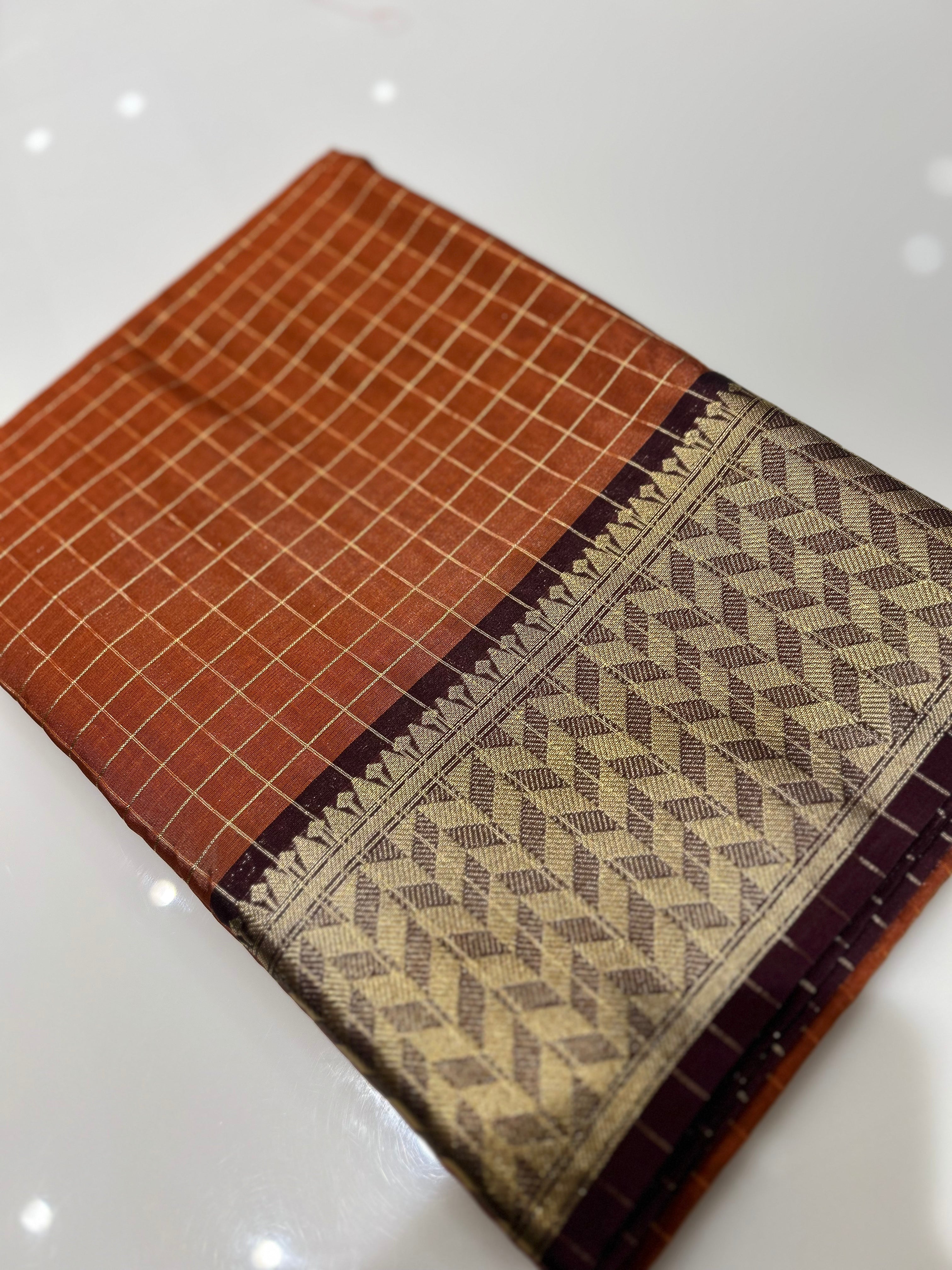 Semi Silk Saree -Burn orange color Search code 1114