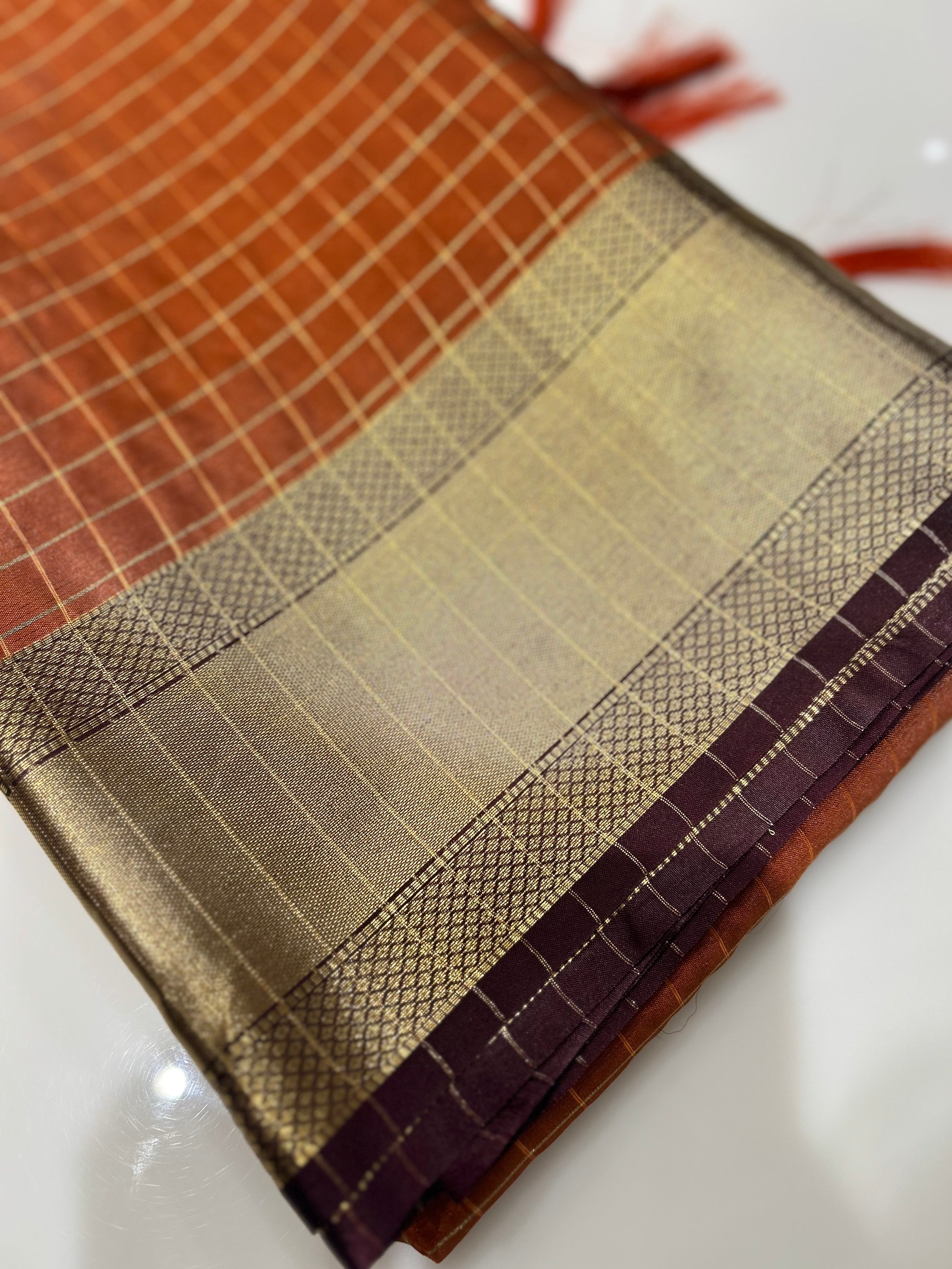 Semi Silk Saree -Burn orange color Search code 1112