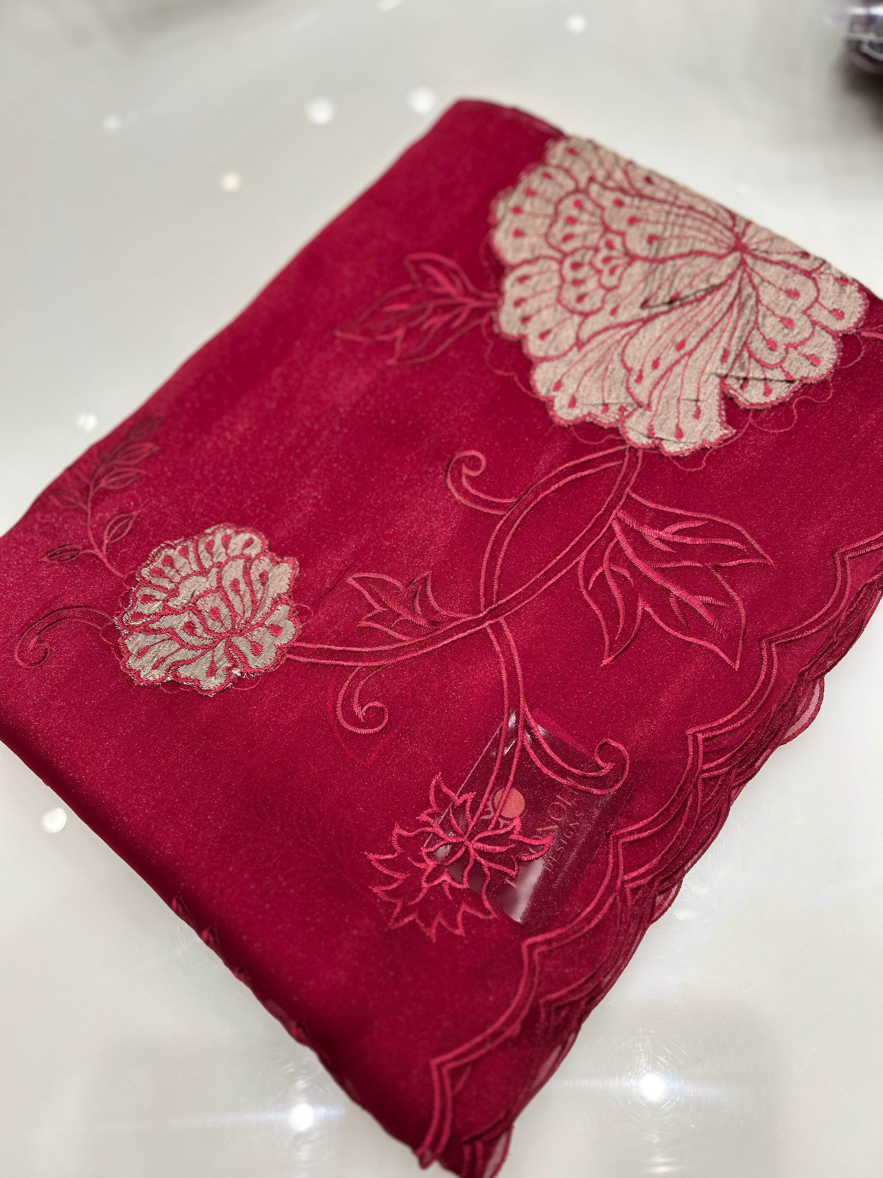 Aplic Work saree  - Rani red color Search code 9253