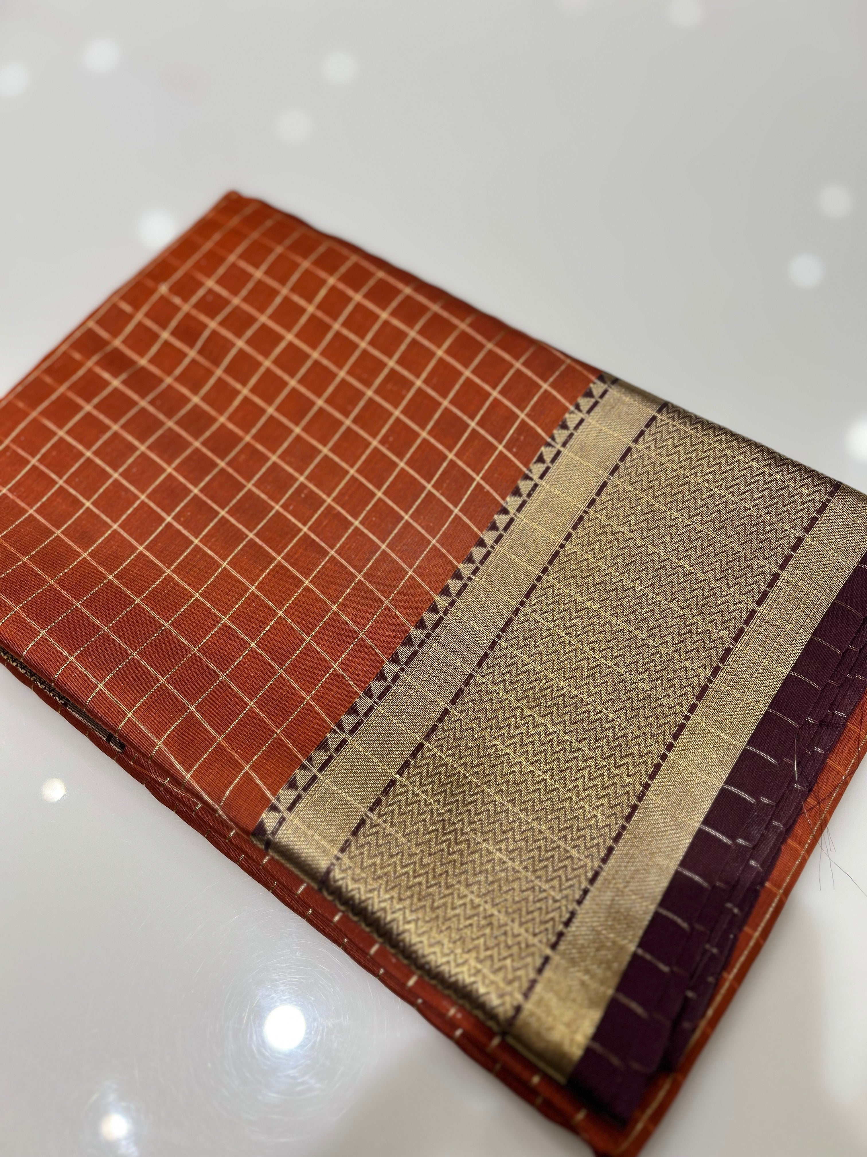 Semi Silk Saree -Burn orange color Search code 1115