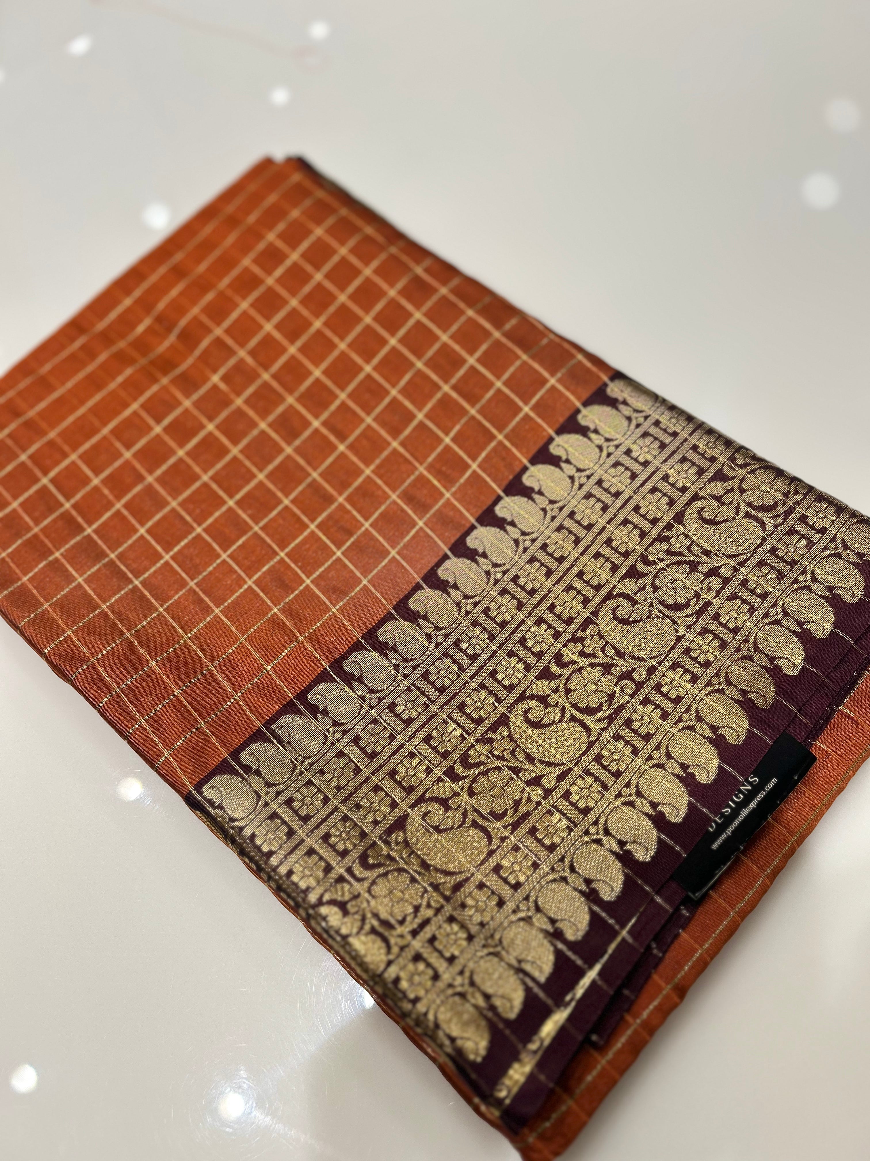 Semi Silk Saree -Burn orange color Search code 1113