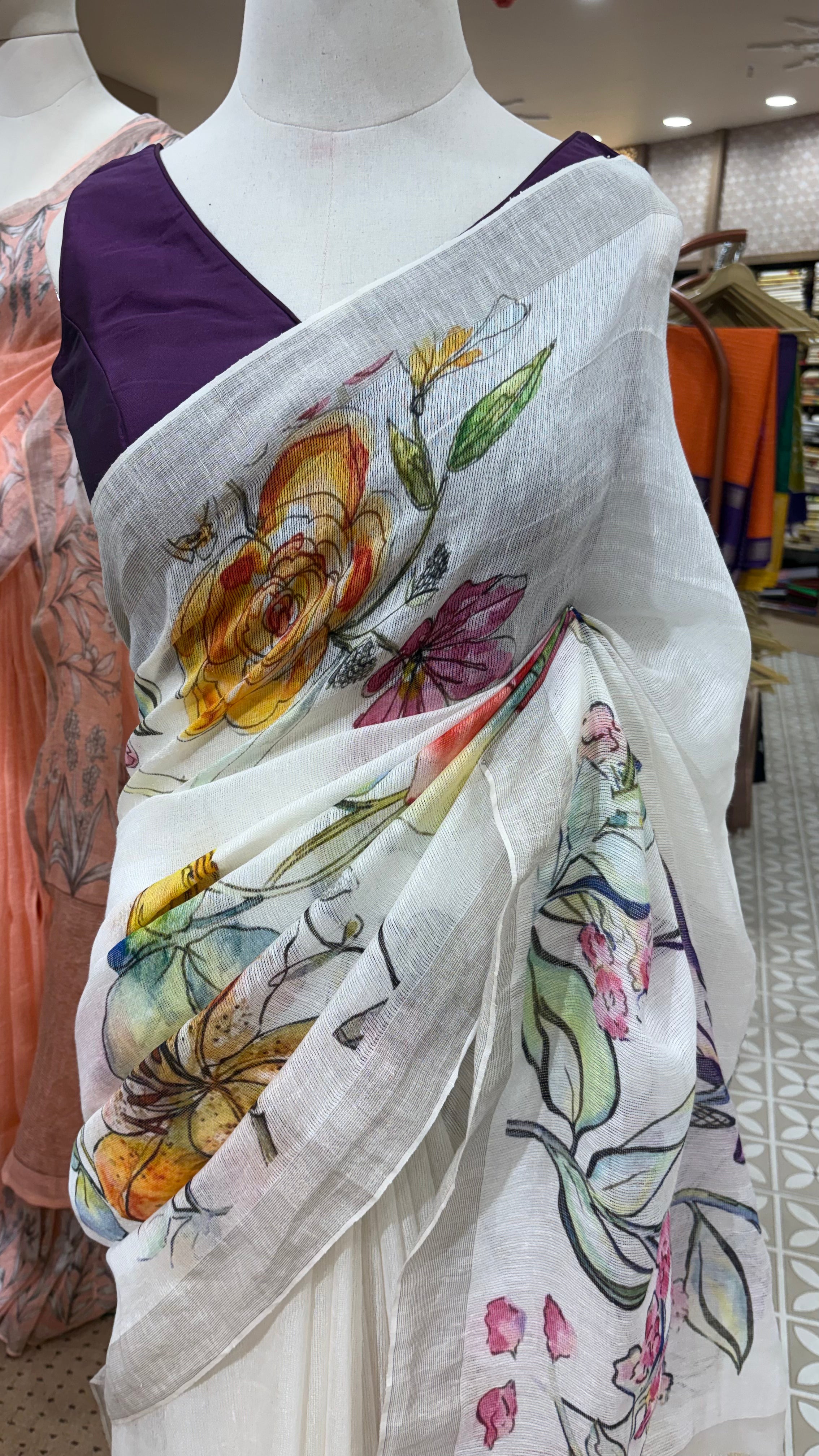 PURE LINEN SAREE -white color Search code 5200