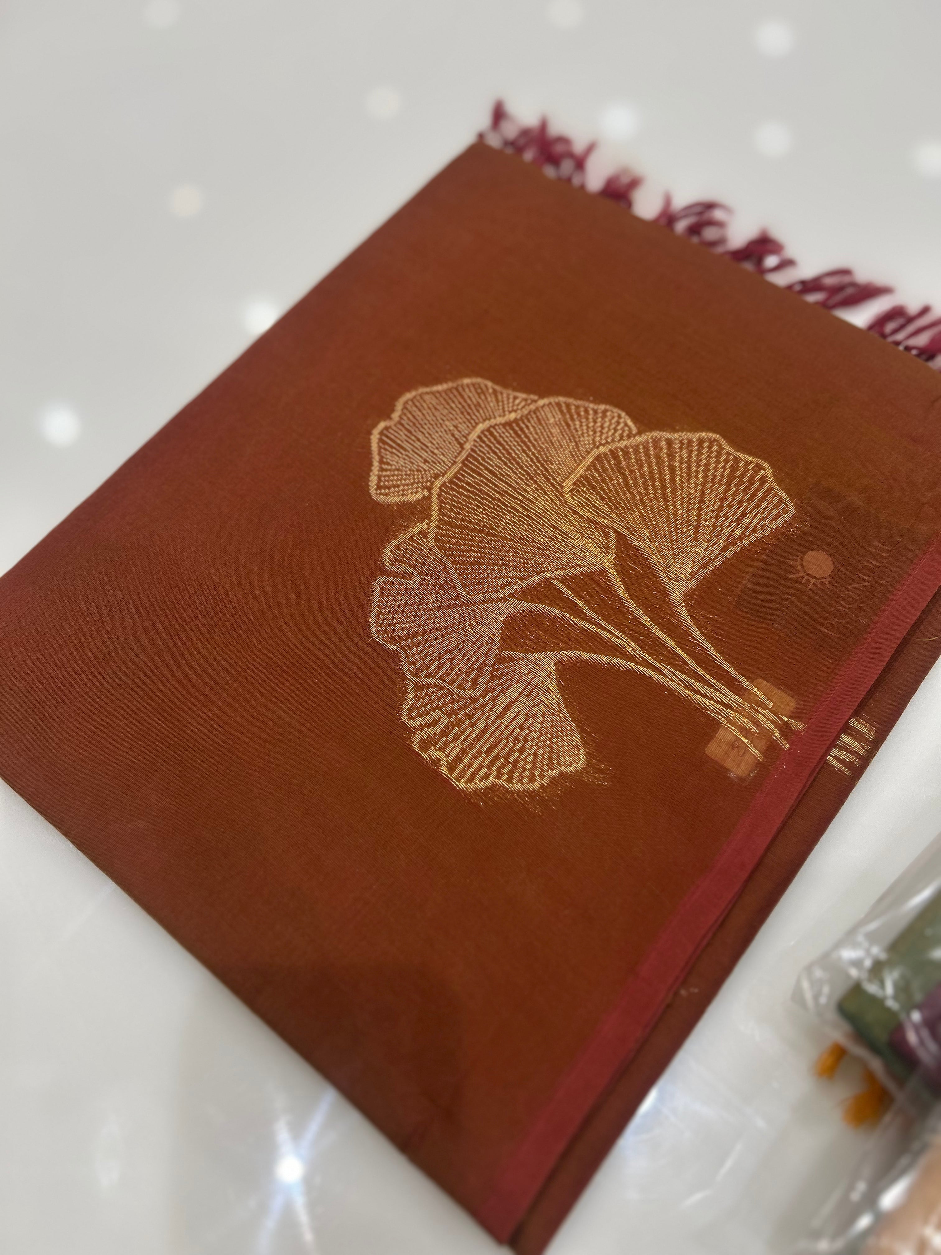 Cotton  Saree-brown orange shade Search code 7520