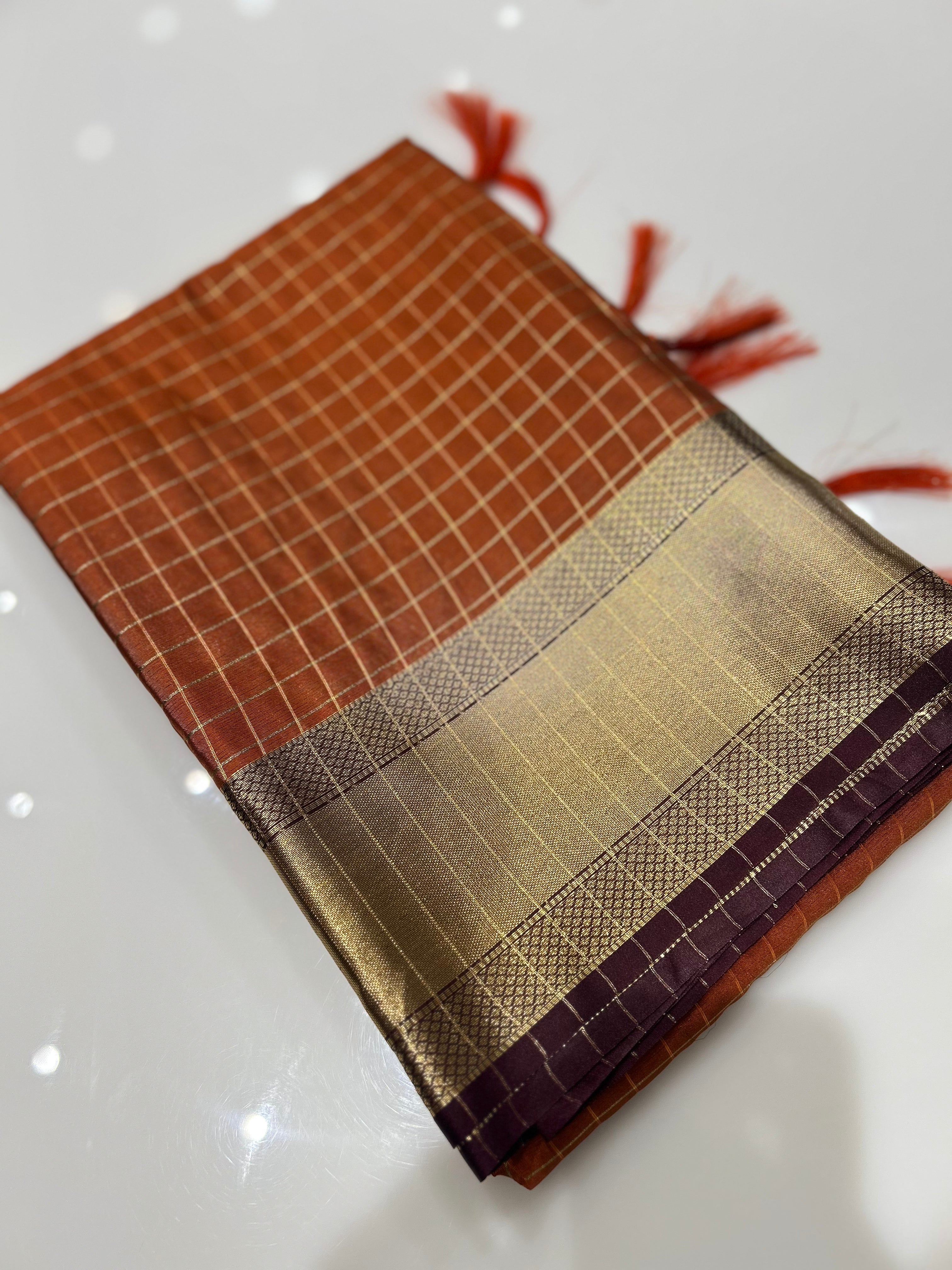 Semi Silk Saree -Burn orange color Search code 1112