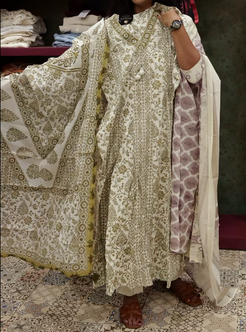Salwar suit sets - Ivory & Olive Green Printed Suit Set Search code 5130