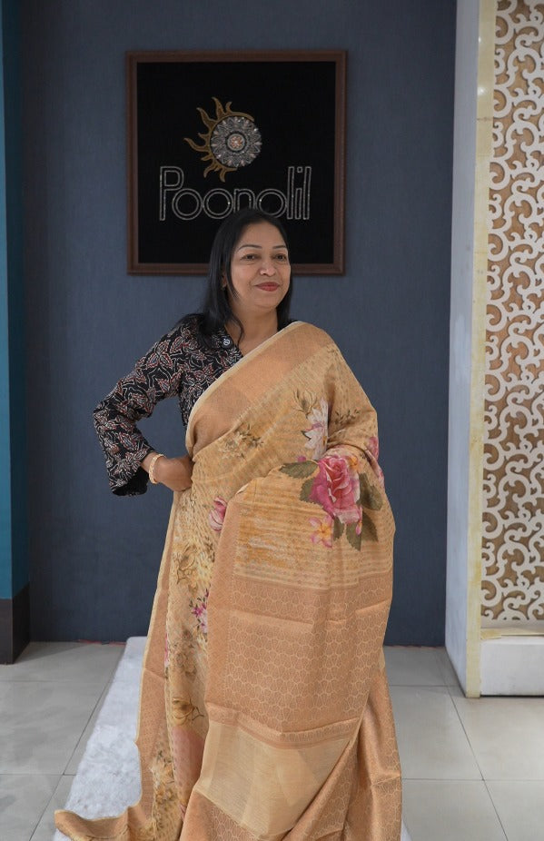 Banarasi   sarees -Dusty Golden chiku shade. color Search code 7011