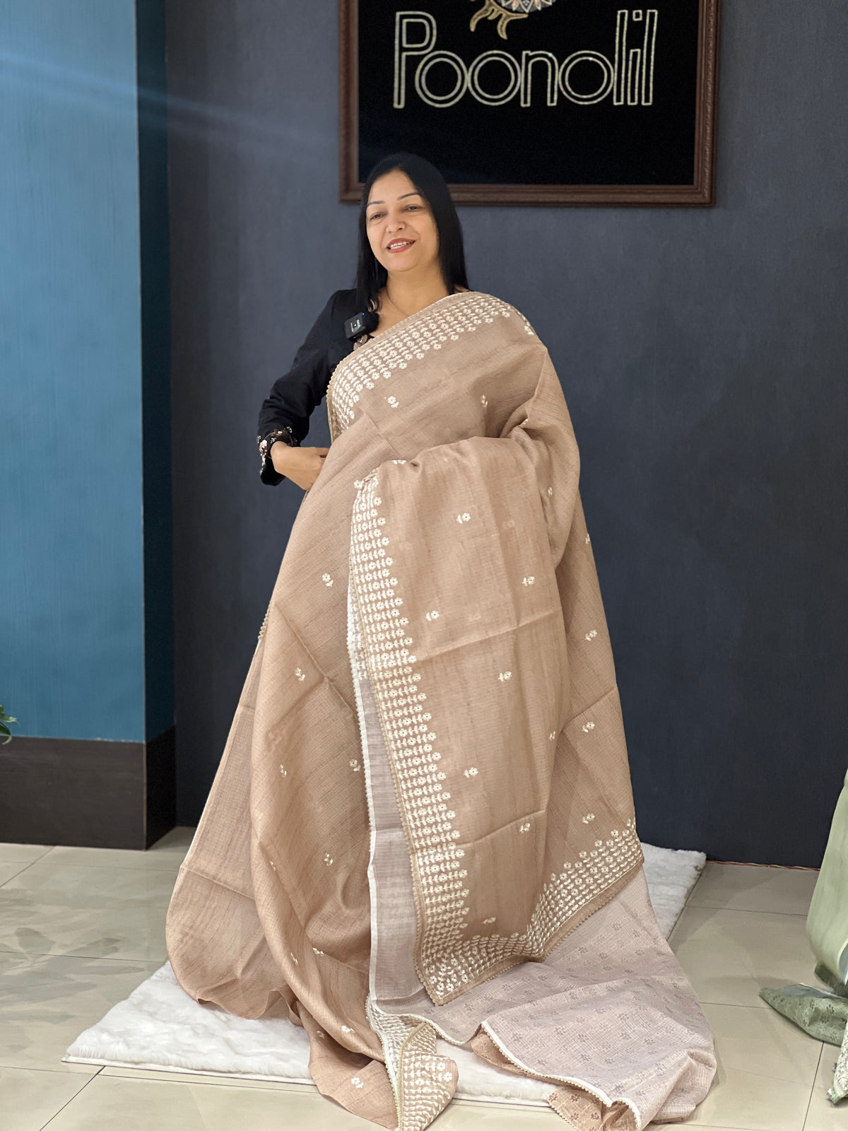 Net Cotta Saree- Chiku  shade Search code 3463