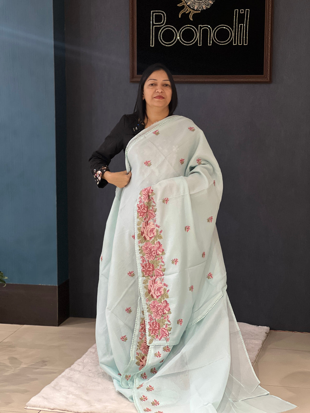 Net Cotta Saree-Powder Blue shade Search code 3475