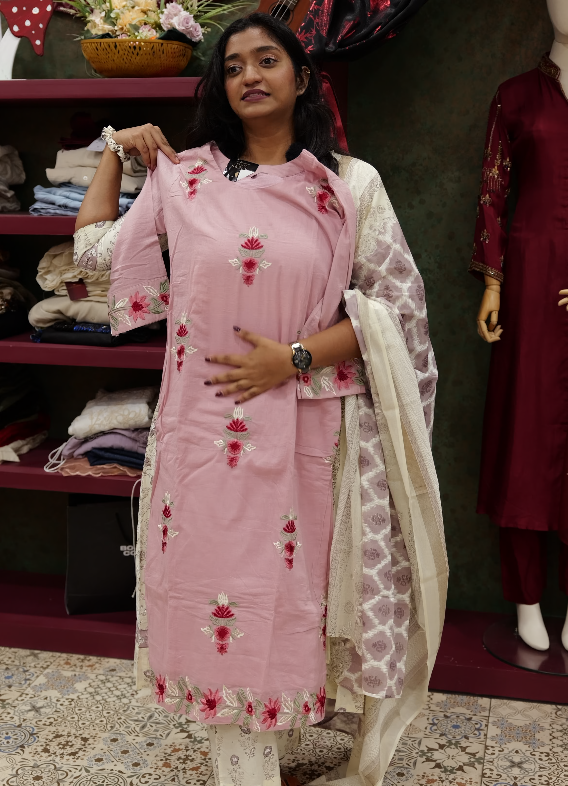 Salwar suit sets -Blush Pink Floral Embroidery Printed Suit Set Search code 5133