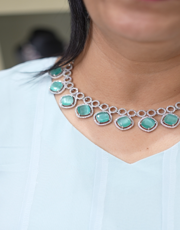 Necklace Set - AD Stone Aqua blue and Silver  color Search code 4580