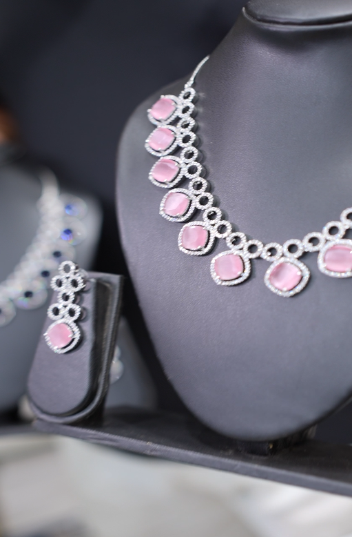 Necklace Set - AD Stone Pink  and Silver color Search code 4582