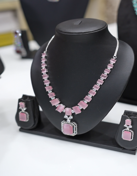 Necklace Set - AD Stone Pink and Silver color Search code 4587