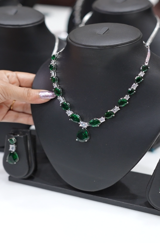 Necklace Set - AD Stone Green and Silver color Search code 4591