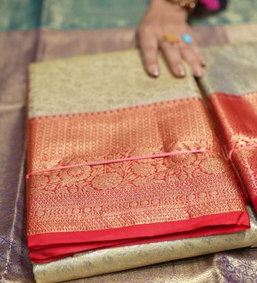 KANCHIPURAM SAREE CONTRAST -Cream to Chilly red  Search code 9612