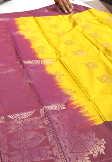 Semi Silk Saree -Lemon yellow  with Maroon   color Search code 6403