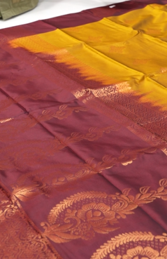 Semi Silk Saree -Mango yellow to Maroon color Search code 6410