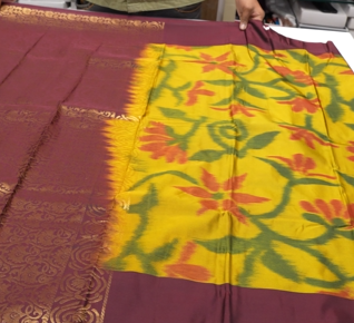 Semi Silk Saree -Golden yellow to Maroon   color Search code 6427