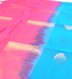 Semi Silk Saree -Dark blue to Peach color Search code 6444