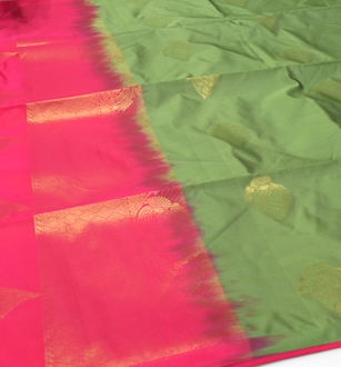Semi Silk Saree -Olive green to rani pink color Search code 6445