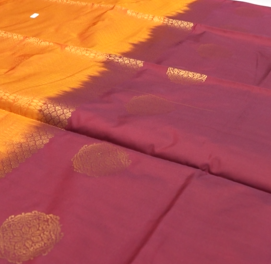 Semi Silk Saree -Maroon to golden yellow color Search code 6447