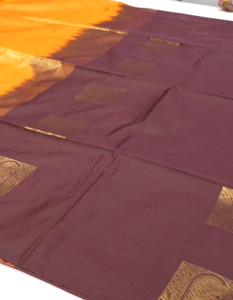 Semi Silk Saree -Kanchi marron to yellow color Search code 6449