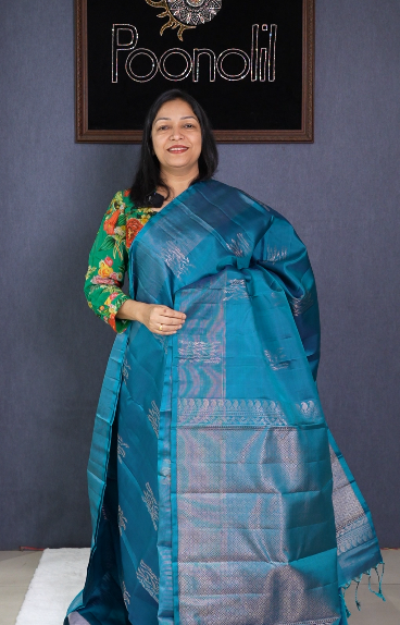 KANCHIPURAM SAREE -Torques blue   shade Search code  1601