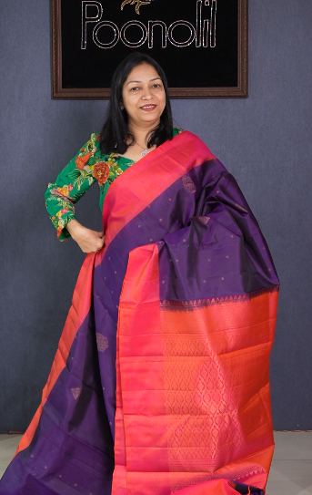 KANCHIPURAM SAREE -Navy blue to Peach shade Search code  1613