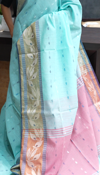 Khadi Cotton Saree -Blue to Pink shade Search code 6516