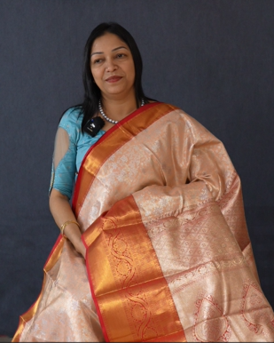 TISSUE SILK SAREE -Salmon peach to Red  shade  Search code 3498
