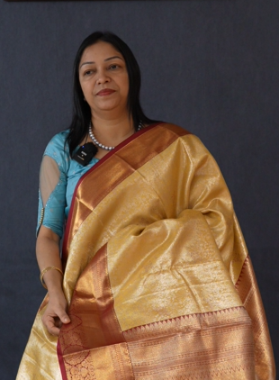 TISSUE SILK SAREE -Yellow to Maroon  shade  Search code 3454