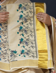 KERALA  SAREE  - Golden  color -Tissue Search code 3035