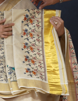 KERALA  SAREE  - Golden  color -Tissue Search code 3036