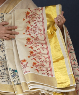 KERALA  SAREE  - Golden  color -Tissue Search code 3037