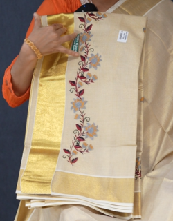 KERALA  SAREE  - Golden  color -Tissue Search code 3039