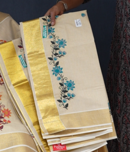 KERALA  SAREE  - Golden  color -Tissue Search code 3042