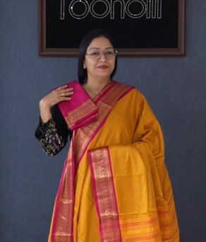 KANCHI COTTON SAREE -Mango Yellow to Reddish maroon shade Search code 4786
